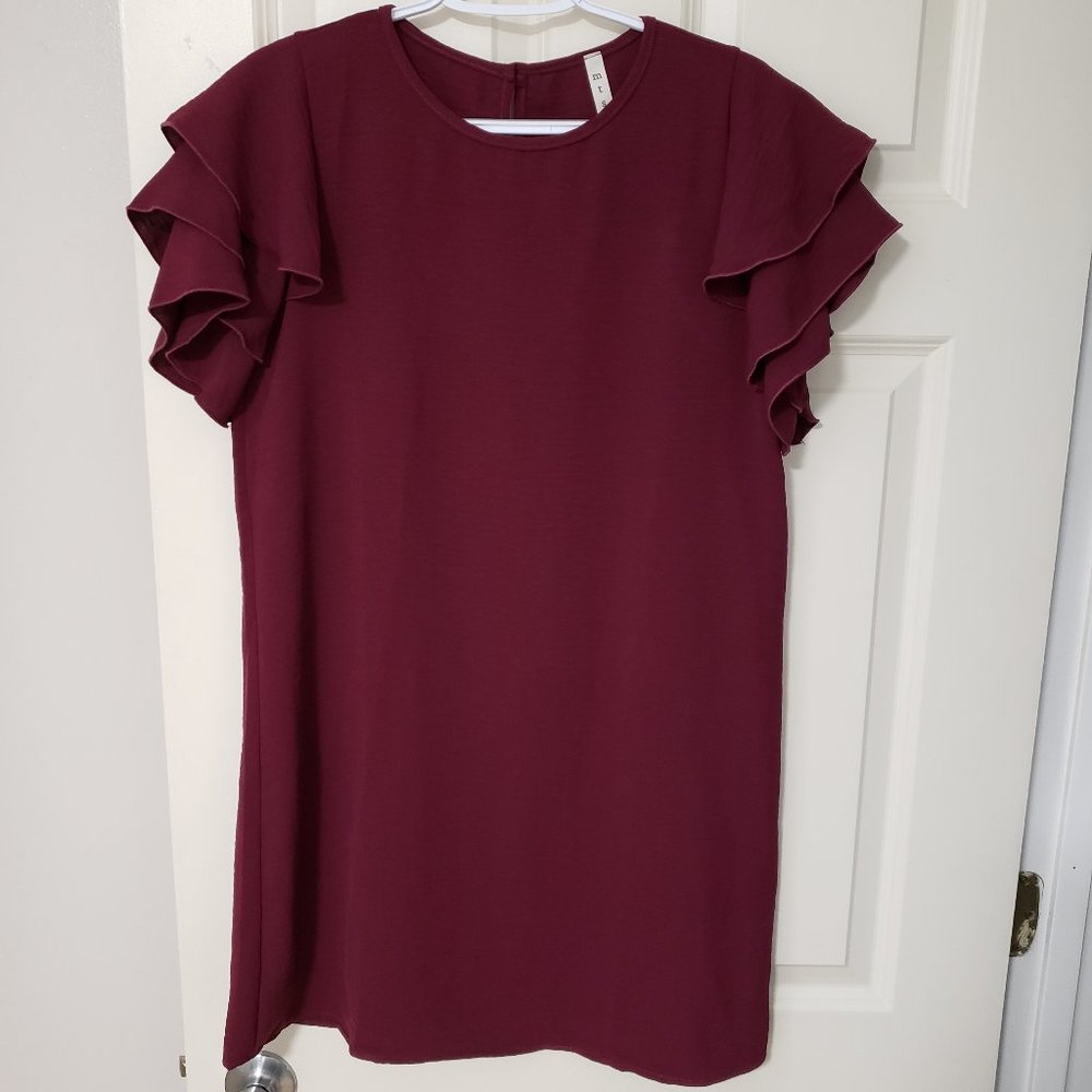 Burgundy Triple Ruffle Sleeve Dress, NWOT